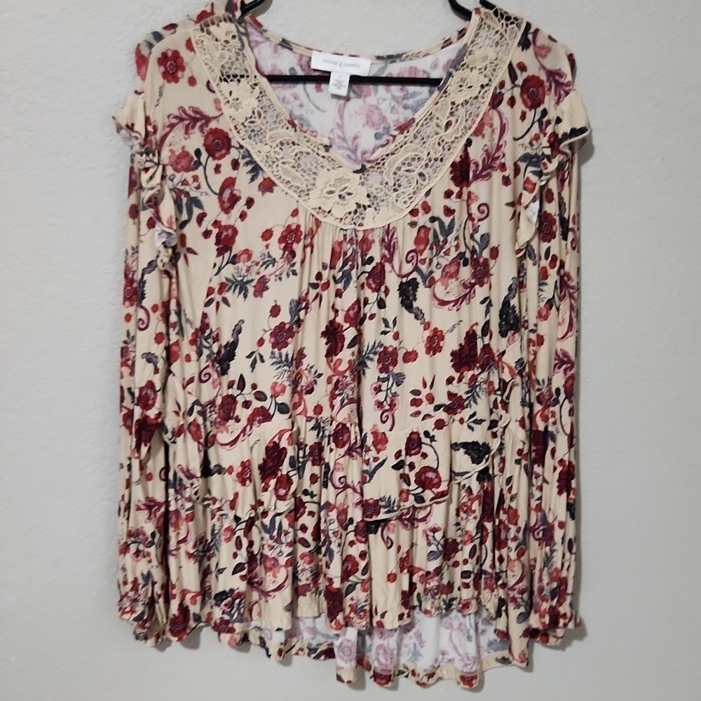 Vintages American Shirt Womens size L lace floral longsleeve boho